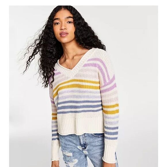 HIPPIE ROSE Juniors' Striped V-Neck Sweater size M - Picture 1 of 5
